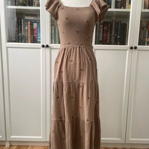 Women’s Maxi Dress — Tan Floral Smocked Bodice